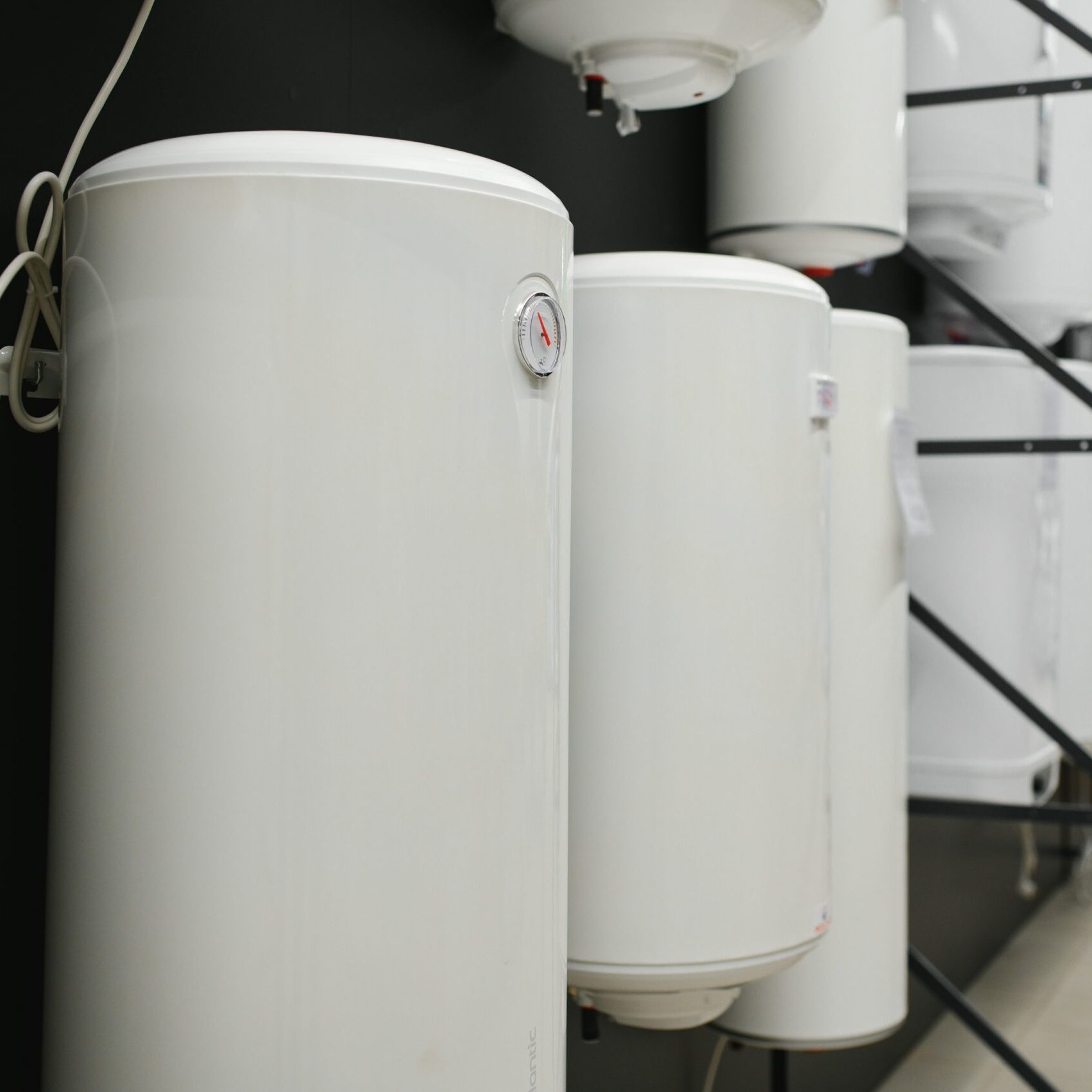 Variety of modern electric boilers presented in store.