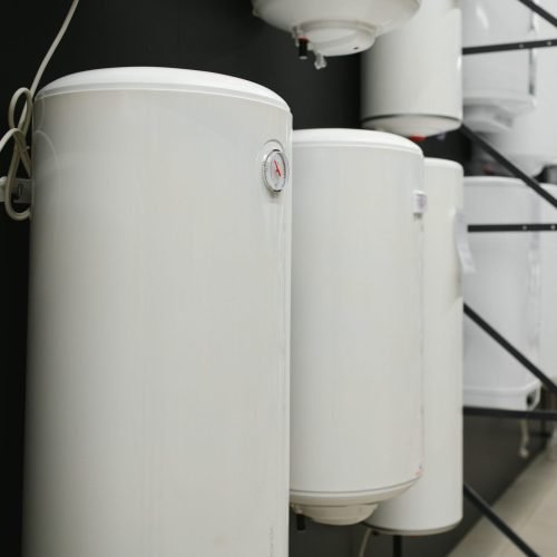 Variety of modern electric boilers presented in store.
